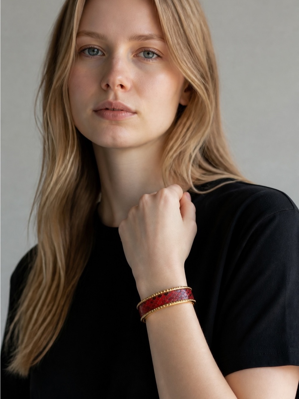 Gold-Tone Bracelet with Red Snakeskin Inlay